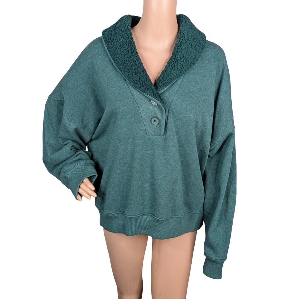 American Eagle Dark Green Sherpa Henley Sweatshirt Size XL Oversized Cabincore - Picture 4 of 12